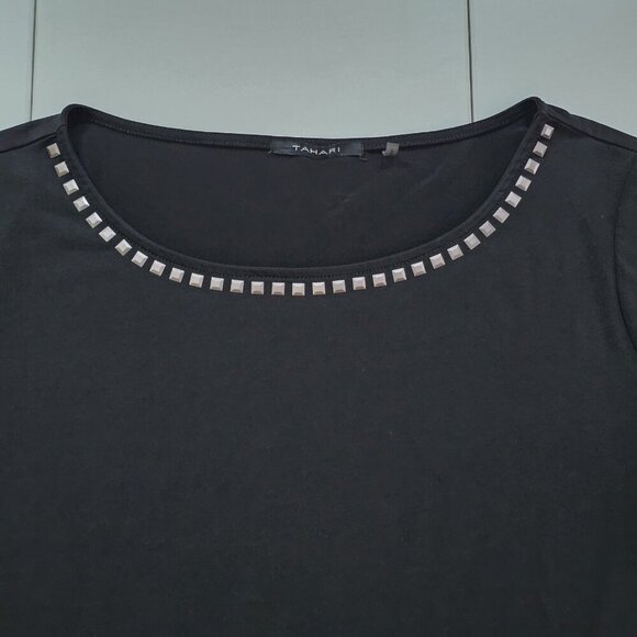 Tahari Top Womens L Black SS Studs Stretch Whimsigoth Office Mature Logo Capsule - Picture 9 of 16